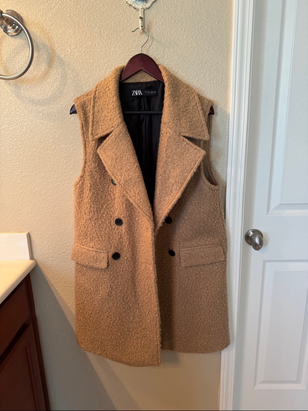 Zara Tan Bouclé Double-Breasted Sleeveless Coat Vest